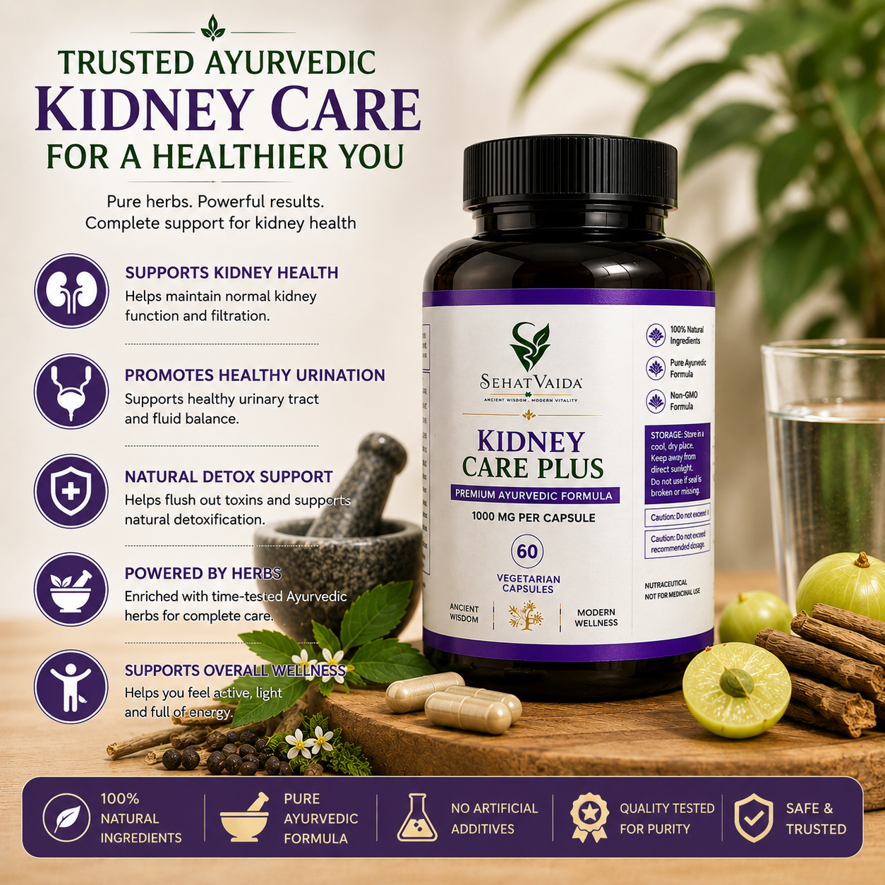Kidney Care Plus – 1000mg | 60 Vegetarian Capsules | Ayurvedic Kidney Wellness | Velora Ayurved