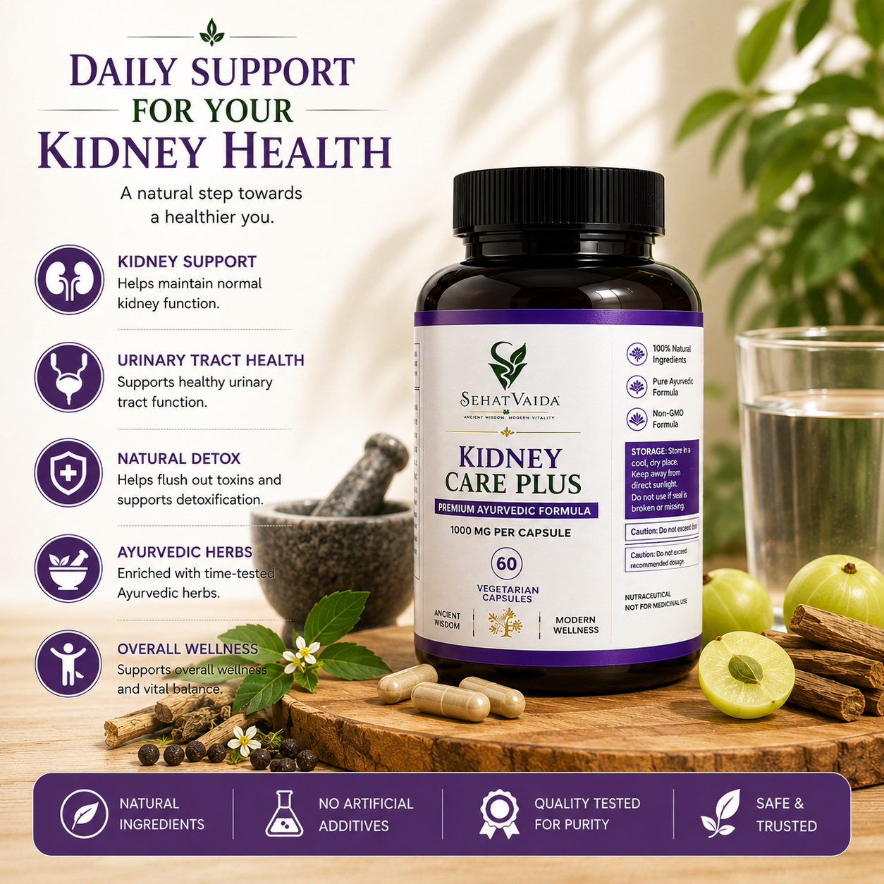 Kidney Care Plus – 1000mg | 60 Vegetarian Capsules | Ayurvedic Kidney Wellness | Velora Ayurved