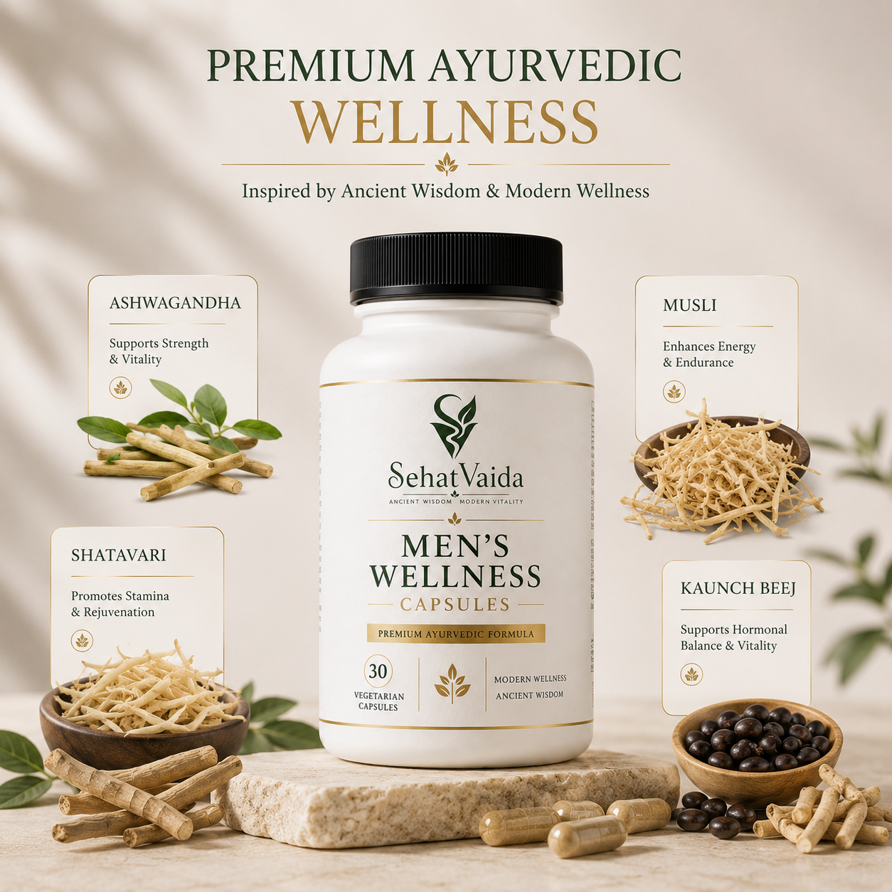 Men’s Wellness Capsules – 30 Vegetarian Capsules | Ayurvedic Wellness Supplement | Velora Ayurved